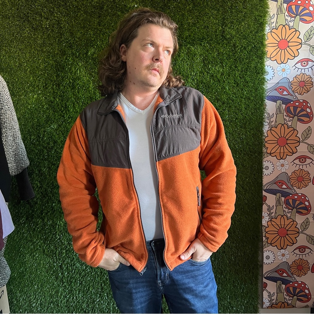 Columbia Field Gear Fleece Jacket Coat L Large Orange Mens Interchange